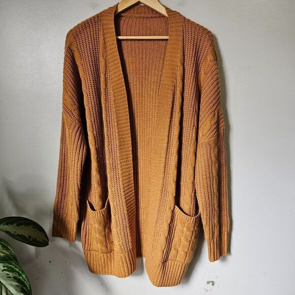 EUC TAN BROWN CABLE KNIT OPEN CARDIGAN WITH POCKETS SIZE M - Picture 1 of 13